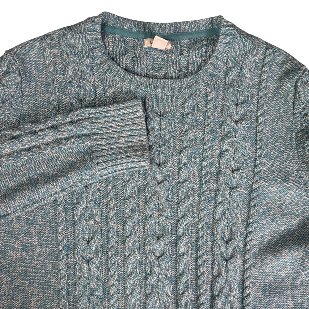 LL Bean Womens L Teal Marled Cable Chunky Knit Cotton Crewneck Fisherman Sweater
